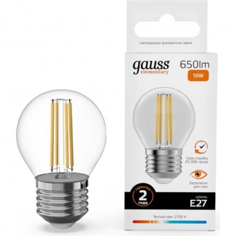 Лампа GAUSS FILAMENT ELEMENTARY Шар 10W 650lm 2700К Е27 LED 1/10/100 Лампа GAUSS FILAMENT ELEMENTARY Шар 10W 650lm 2700К Е27 LED 1/10/100