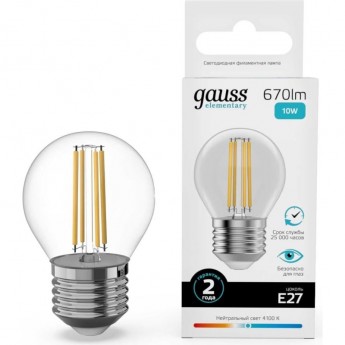 Лампа GAUSS FILAMENT ELEMENTARY Шар 10W 670lm 4100К Е27 LED 1/10/100 Лампа GAUSS FILAMENT ELEMENTARY Шар 10W 670lm 4100К Е27 LED 1/10/100