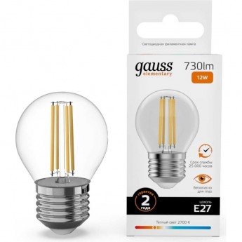 Лампа GAUSS FILAMENT ELEMENTARY Шар 12W 730lm 2700К Е27 LED 1/10/100 Лампа GAUSS FILAMENT ELEMENTARY Шар 12W 730lm 2700К Е27 LED 1/10/100
