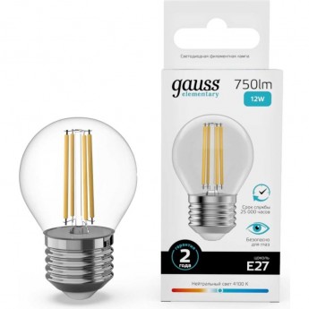 Лампа GAUSS FILAMENT ELEMENTARY Шар 12W 750lm 4100К Е27 LED 1/10/100 Лампа GAUSS FILAMENT ELEMENTARY Шар 12W 750lm 4100К Е27 LED 1/10/100