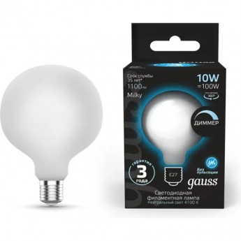 Лампа GAUSS FILAMENT G95 10W 4100К Е27 LED 1/20 milky диммируемая