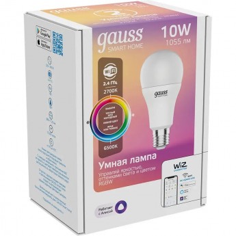 Лампа GAUSS SMART HOME A60 10W 1055lm 2700-6500К E27 RGBW+изм.цвет.темп.+диммирование LED Лампа GAUSS SMART HOME A60 10W 1055lm 2700-6500К E27 RGBW+изм.цвет.темп.+диммирование LED