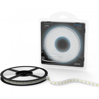 Лента GAUSS LED 2835/120-SMD 6.5W 24V DC 600lm/m 5000K IP65 (блистер 5м) Лента GAUSS LED 2835/120-SMD 6.5W 24V DC 600lm/m 5000K IP65 (блистер 5м)