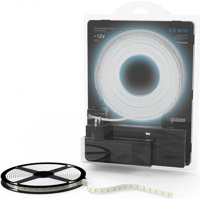Лента GAUSS LED Комплект 2835/60-SMD 4,8W 12V DC холодный белый IP20 (блистер 5м) 312400248