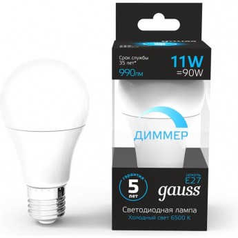 Светодиодная лампа GAUSS A60 11W 990lm 6500К E27 диммируемая LED 1/10/50